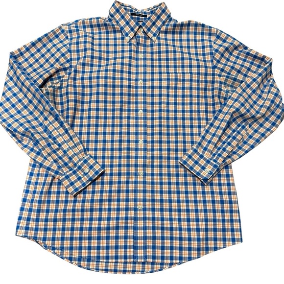 Land’s End Traditional Fit No Iron Twill Shirt Blue Orange Plaid Size Large - Picture 9 of 9